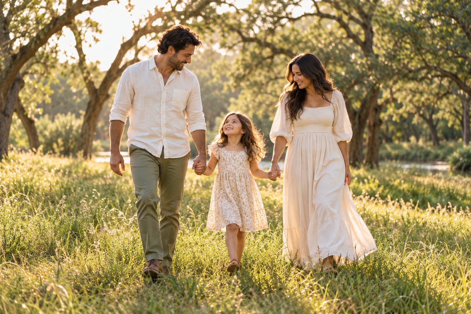 Illustrative AI family study: parents and child holding hands in a sunlit park